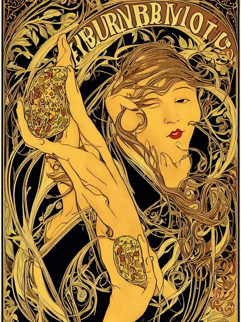 Image similar to Beautiful art nouveau advertisement for the ultimate everything burrito. Detailed advertisement for a delicious everything burrito by Victor Horta. This burrito will change your life. Sultry, youthful, extreme beauty. Beautifully detailed poster art advertisement.