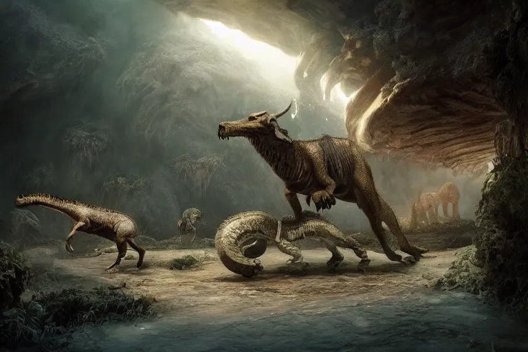 Image similar to the most amazing dream you ever had about cenozoic paleoart, hyper realistic, ambient lighting, concept art, intricate, hyper detailed, smooth, dynamic volumetric lighting, octane, cinematic