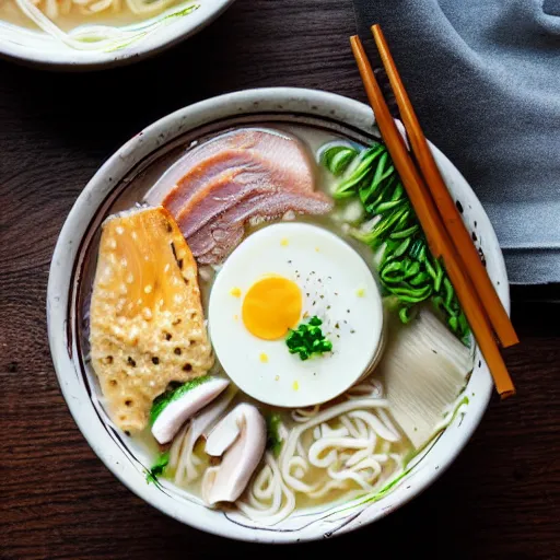 Image similar to A top view of a tonkotsu ramen next to a window on a rainy day