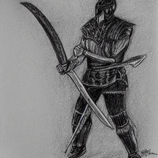 Prompt: a Ballpoint pen art sketch of an executioner holding a big axe, full body