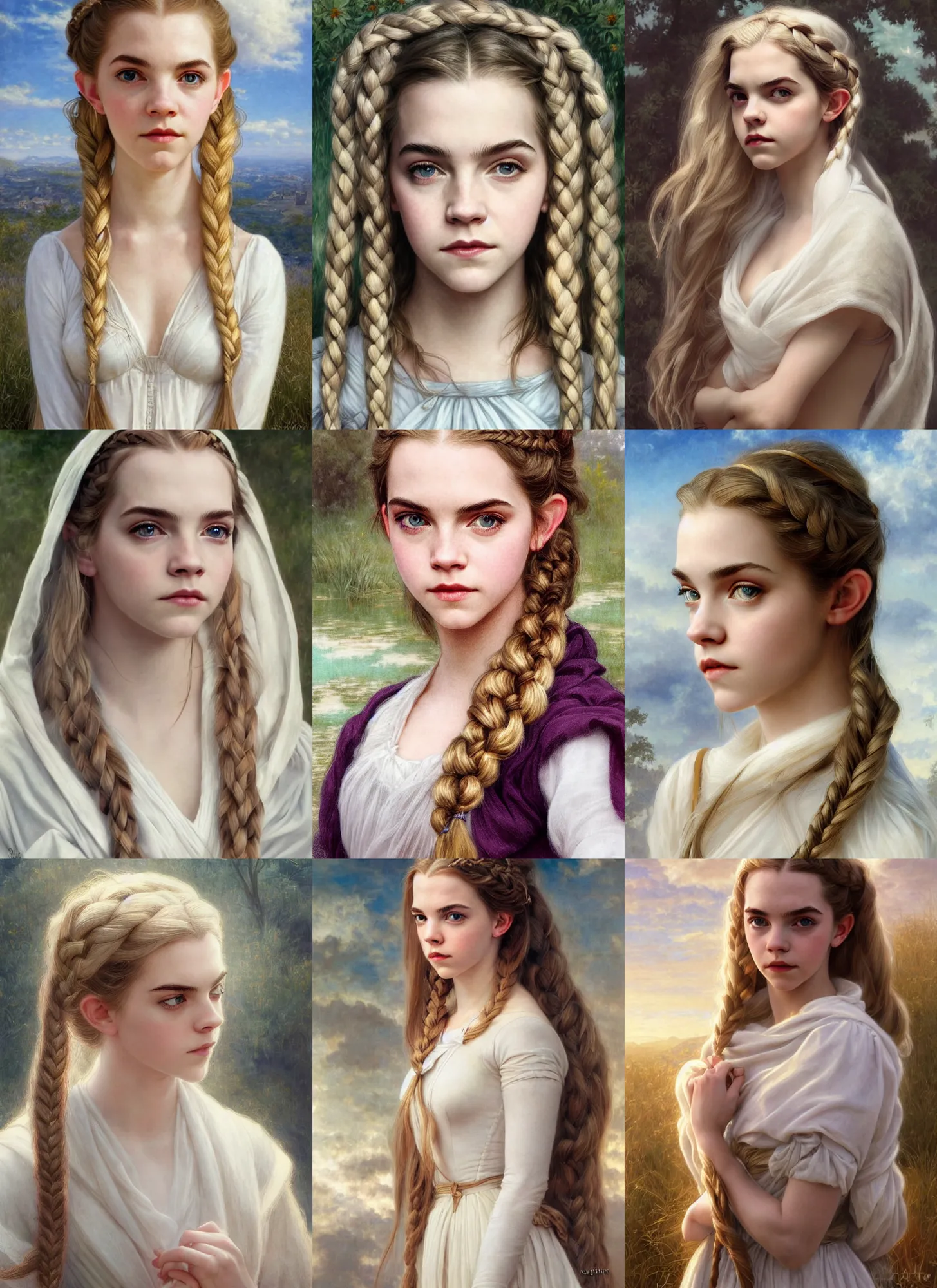 Prompt: portrait anya taylor-joy, emma watson, elf, pale, long blond braided hair, white cloth in wind shining, 8k highly detailed, sharp focus, illustration, art by artgerm, mucha, bouguereau