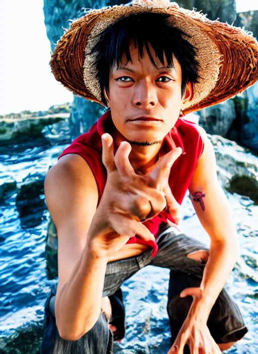 Image similar to A full portrait photo of real-life luffy one piece, f/22, 35mm, 2700K, lighting, perfect faces.