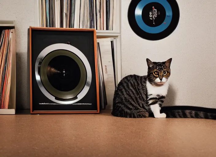 Image similar to photography of a Cat sitting on a record player. in a room full of posters, photorealistic, raining award winning photo, 100mm, sharp, high res