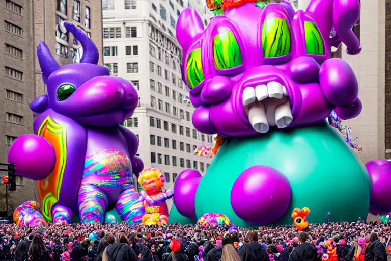 Image similar to photo of giant cute elaborate parade float character designed by ( ( ( ( ( ( ( ( lisa frank ) ) ) ) ) ) ) ) and giger!!!!!!!!!!!!!!, in the macys parade, detailed 4 k photo,