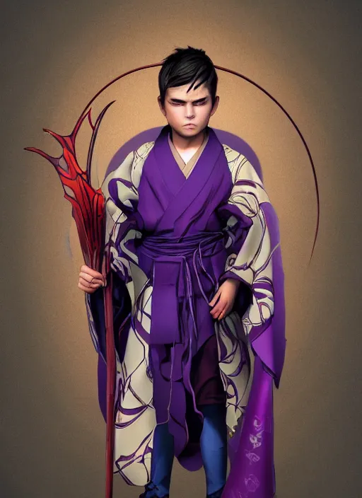 Image similar to An epic fantasy comic book style portrait painting of a young boy with straight indigo hair, purple eyes with red eye markers, slim body, wearing a detailed Japanese kimono with traits of the god Fuujin, holding a pair of fans. Unreal 5, DAZ, hyperrealistic, octane render, cosplay, RPG portrait, dynamic lighting