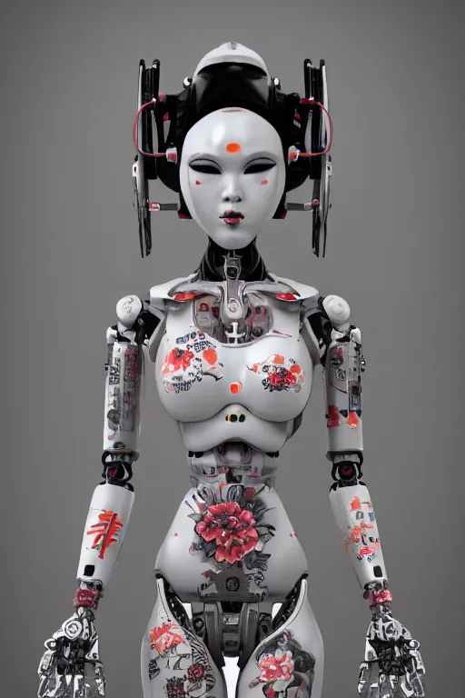 Image similar to full body portrait of a Japanese robot geisha with kanji tattoos and decals, intricate, octane render, ultra fine detailed, character design, trending on artstation