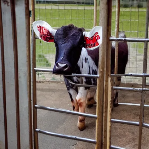 Image similar to cute calf dressed as an inmate behind bars