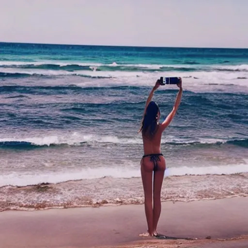 Image similar to girl taking pictures for her instagram on the beach, wearing a bikini