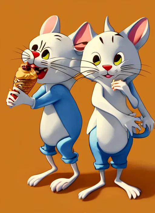 Prompt: tom and jerry eating ice cream full - body and head view, highly detailed, zeronis style, artstation, soft light, sharp focus, illustration, character design, concept art