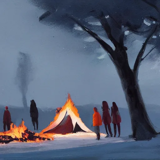 Image similar to a camp with tents on fire, burning down, shadows of 3 girls watching the camp burn, snow, painted by Sylvain Sarrailh