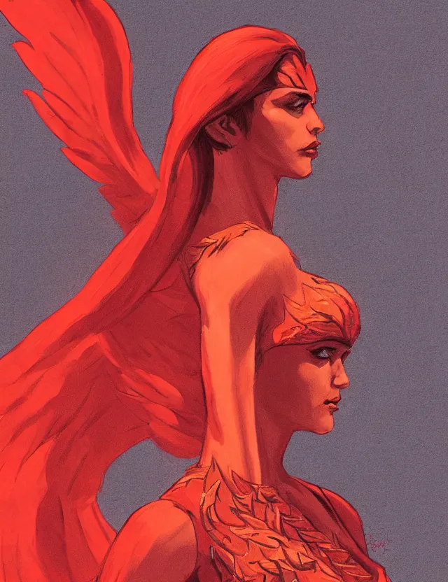 Image similar to half - human half - phoenix pyromancer in a red saree. gouache by award - winning concept artist, backlighting, chiaroscuro, intricate details