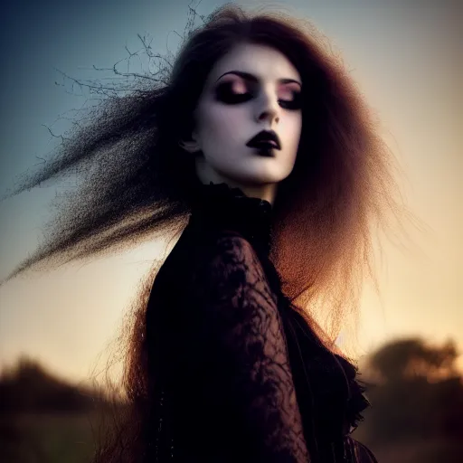 Image similar to photographic portrait of a stunningly beautiful gothic female in soft dreamy light at sunset, contemporary fashion shoot, by edward robert hughes, annie leibovitz and steve mccurry, david lazar, jimmy nelsson, breathtaking, 8 k resolution, extremely detailed, beautiful, establishing shot, artistic, hyperrealistic, beautiful face, octane render