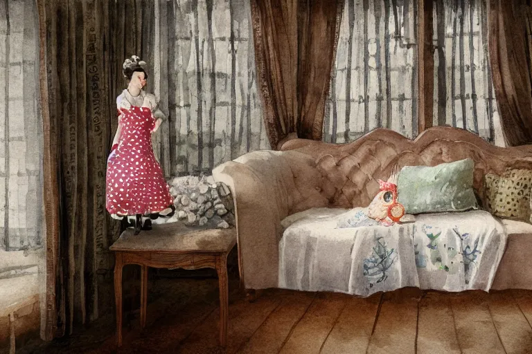 Image similar to charming and chubby fish female, wearing a polka dot cloths and a victorian - style hairdo, lye on the fancy sofa, in the large and bright studio. sunlight enters through the barred window. delicate watercolor and pencil on canvas. beautiful lighting, 4 k post - processing, highly detailed, 5 k extremely detailed, 3 d. cinematic scene.