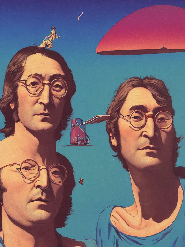 Image similar to a closeup portrait of john lennon next to a ufo, taking mind altering drugs, a blotter paper of lsd acid and dreaming psychedelic hallucinations in a vast desert landscape, by kawase hasui, moebius, edward hopper, colorful flat surreal design, dramatic lighting, hd, 8 k, artstation