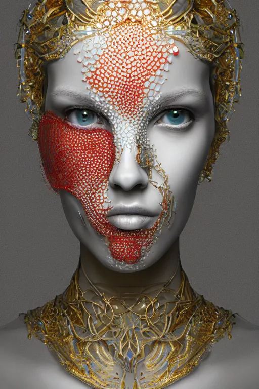 Prompt: a melancholic realistic 8k Sculpture of a complex robotic human face, liquid simulation, bright psychedelic color, dramatic lighting, silver gold red details, hexagonal mesh wire, filigree intricate details, cinematic, fleshy musculature, white blossoms, elegant, octane render, art nouveau, 8k post-processing, intricate art by John Collier and Albert Aublet and Krenz Cushart and Artem Demura and Alphonse Mucha