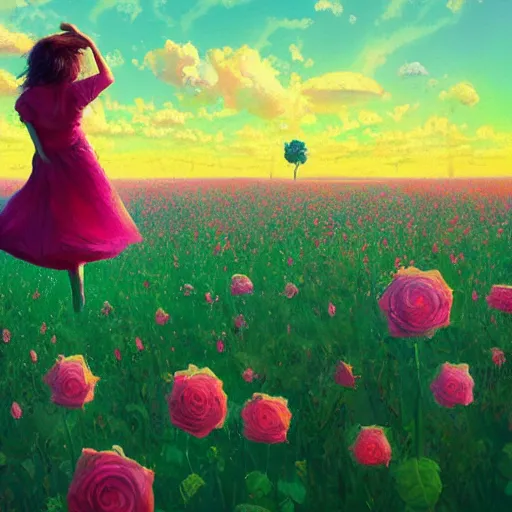 Prompt: rose face, girl floating in a flower field, surreal photography, sunrise dramatic light, impressionist painting, colorful clouds, digital painting, artstation, simon stalenhag