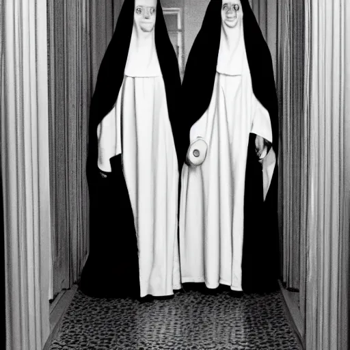 Prompt: black and white, award winning photo, levitating twin nuns, wearing pentgram necklace, Very long arms, in a sanctuary, eerie, frightening —width 1024 —height 1024