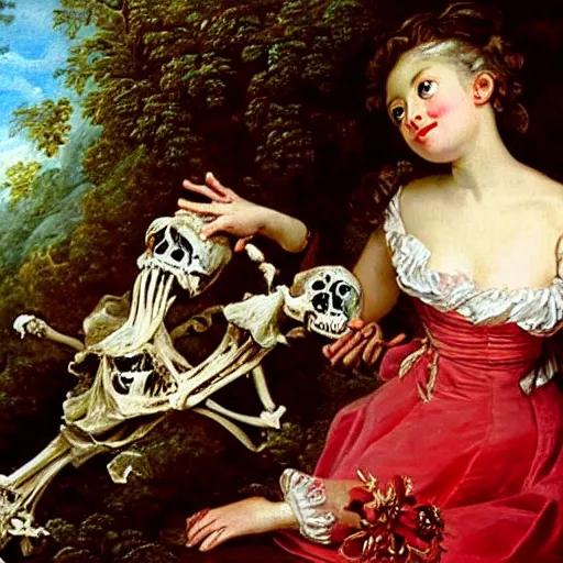 Image similar to a girl made from teeth and bones, painting by francois boucher, sad googly eyes