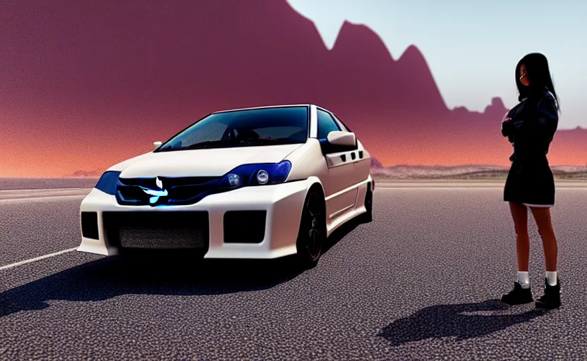 Image similar to photograph of a cell-shaded Honda EK9 Type-R with a techwear woman , on a desert road with a futuristic city in the horizon, one point perspective, 1-point perspective, tilt shift, sigma 85mm f/1.4, 4k, depth of field, high resolution, 4k, 8k, hd, full color