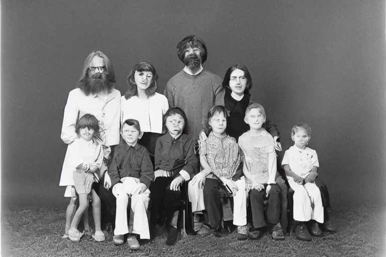 Prompt: sasquatchs family photograph in a vintage studio fuji film