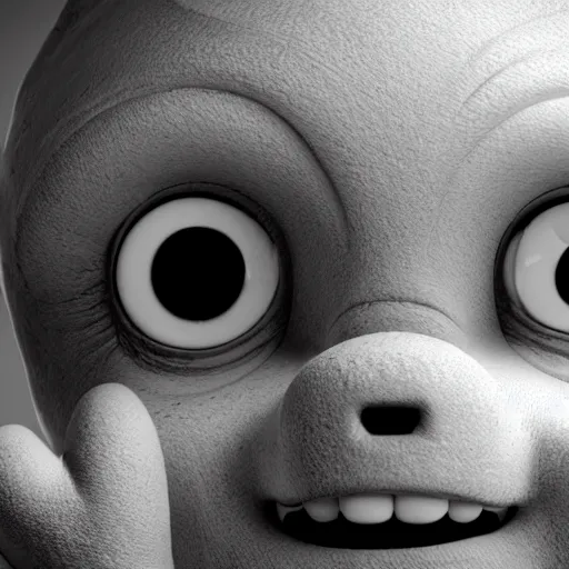 Image similar to black and white creepy Teletubbies with wide open human realistic eyes with red veins, highly detailed, sharp focus, octane render, cosmic horror, surrealistic