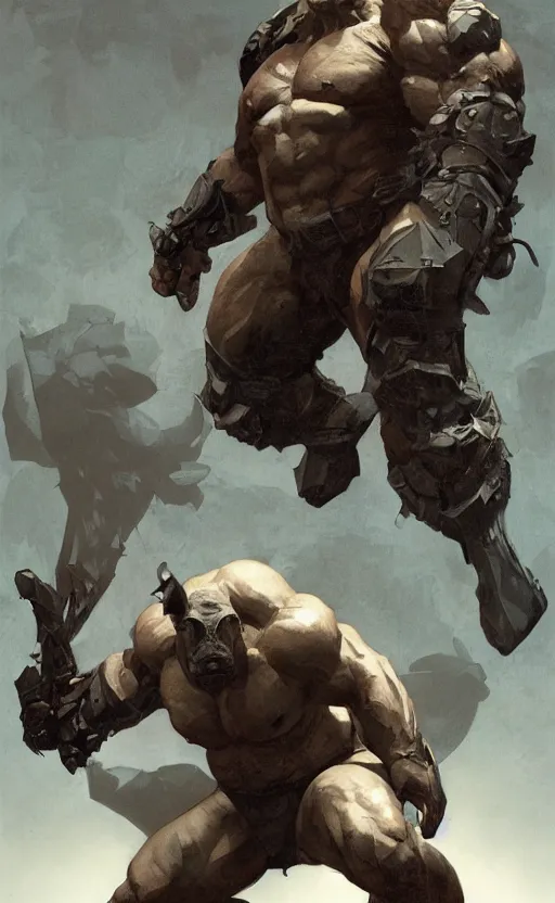 Prompt: rocksteady, rhino, mutant, rugged, handsome, male, atmospheric lighting, amazing, full body, thighs, armpit, muscular, intricate, highly detailed, digital painting, deviantart, concept art, sharp focus, illustration, art by greg rutkowski and alphonse mucha