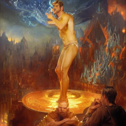 Image similar to attractive male deity casts dark spell, summoning handsome lucifer morningstar. highly detailed painting by gaston bussiere, craig mullins, j. c. leyendecker 8 k