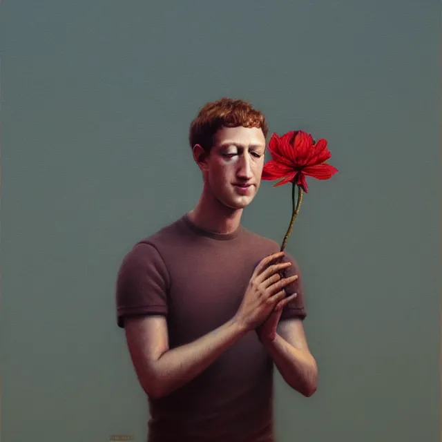 Image similar to mark zuckerberg holding a flower by Zdzisław Beksiński, trending on artstation, realistic, detailed, concept art, horror, illustration, oil painting