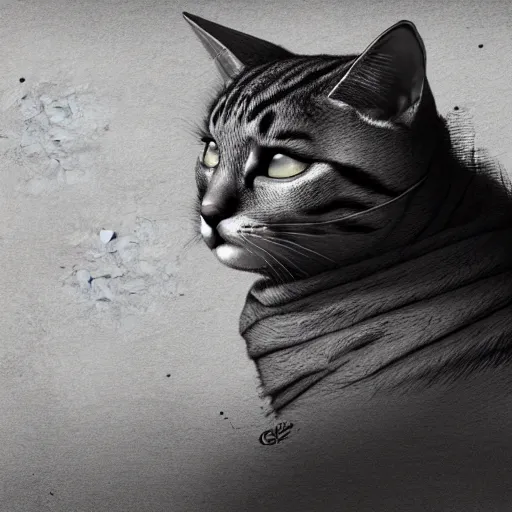 Prompt: the cat's lethargy belied an element of grace, ink wash, octane render, by Philip Geiger, 4k render, ink, detailed