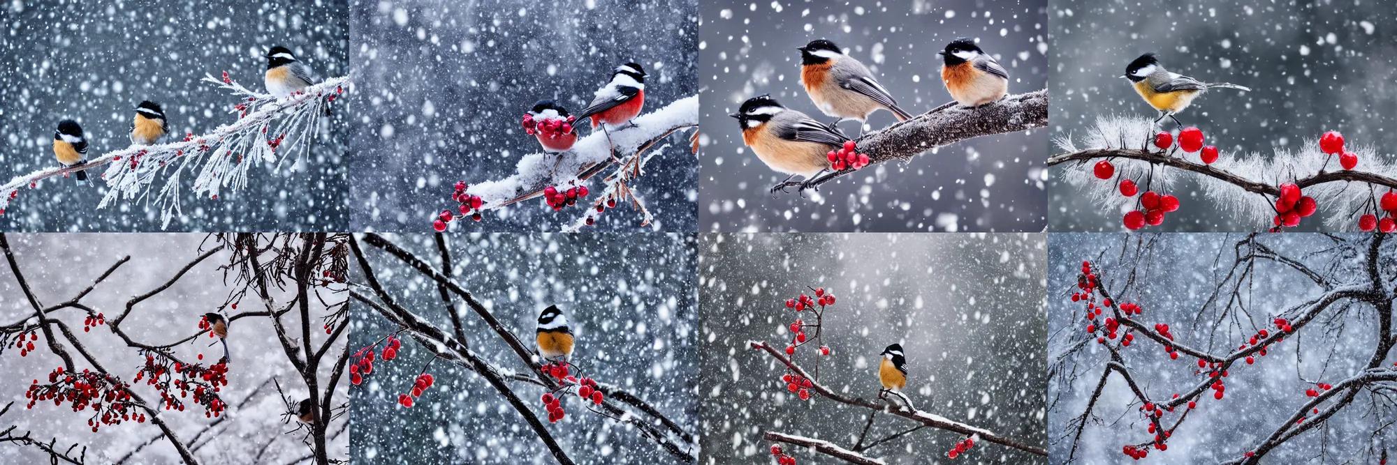 Prompt: a professional photograph of a pair of chickadees, sitting on the branch of a mountain ash tree, with red berries and icicles, in the winter, snowing, gray sky with wispy clouds