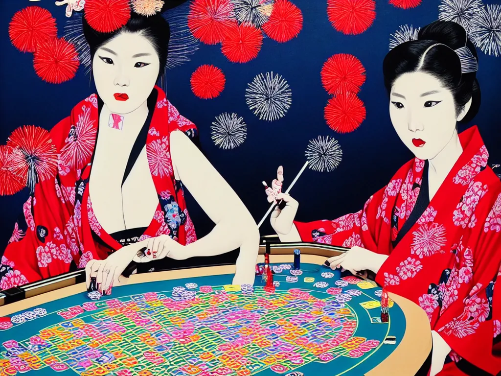 Image similar to hyperrealistic composition of the detailed woman in a japanese kimono sitting at a extremely detailed poker table with detailed darth vader, fireworks, mount fuji on the background, pop - art style, jacky tsai style, andy warhol style, acrylic on canvas