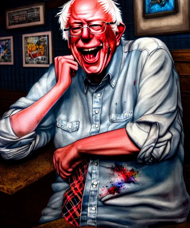 Prompt: hyperrealistic mixed media painting of Bernie Sanders as a laughing drunk, tattered plaid shirt, dimly lit dive bar, stunning 3d render inspired art by P. Craig Russell and Barry Windsor-Smith + perfect facial symmetry + dim volumetric lighting, 8k octane beautifully detailed render, post-processing, extremely hyperdetailed, intricate, epic composition, grim yet sparkling atmosphere, cinematic lighting + masterpiece, trending on artstation, very very detailed, masterpiece, stunning