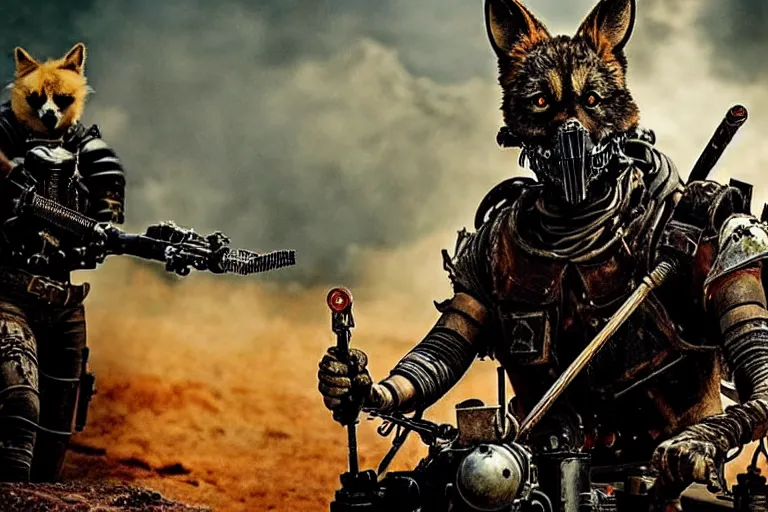 Prompt: a fursona ( from the furry fandom ), heavily armed and armored facing down armageddon in a dark and gritty version from the makers of mad max : fury road.