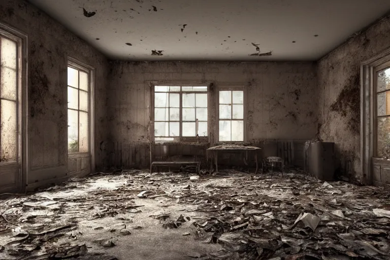 Prompt: ruined, abandoned american midwestern mansion kitchen, seen from inside. Diffused light falls through the broken windows. Dirt, leaves on ground. Unreal Engine. Substance painter. Zbrush. Trending on artstation. 8K. Highly detailed.