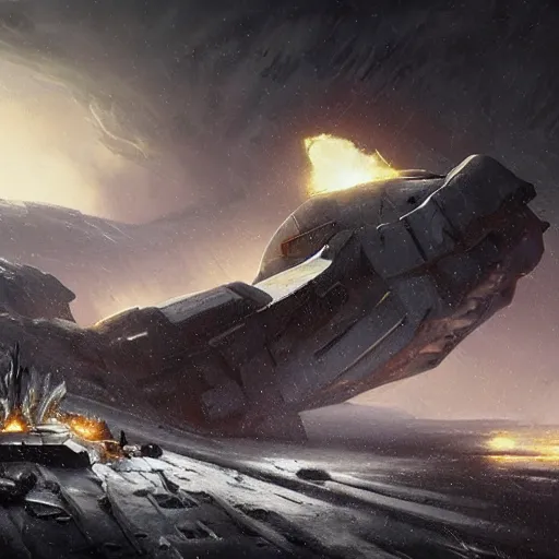 Prompt: a crashed starship burning in a blizzardy mountain scenery, Matte painting , detailed painting, greg rutkowski