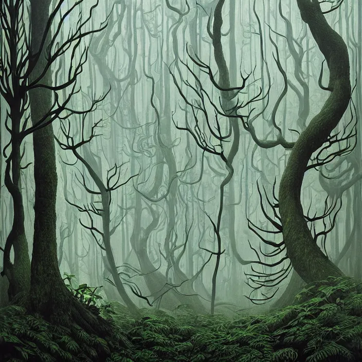 Image similar to charles burchfield art painting, beautiful arboreal forest by Adriaan Herman Gouwe, oregon washington rain forest by beeple, a beautiful and insanely detailed matte painting of alien dream worlds with surreal architecture designed by Heironymous Bosch, mega structures inspired by Heironymous Bosch's Garden of Earthly Delights, vast surreal landscape and horizon by Jim Burns, rich pastel color palette