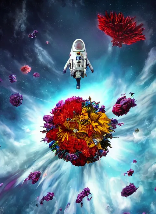 Image similar to An epic fantastic realism comic book style painting of the most beautiful flowers launched into space, bouquets, everything being pulled into a black hole, floral meteor, fisheye, unreal 5, DAZ, hyperrealistic, octane render, dynamic lighting
