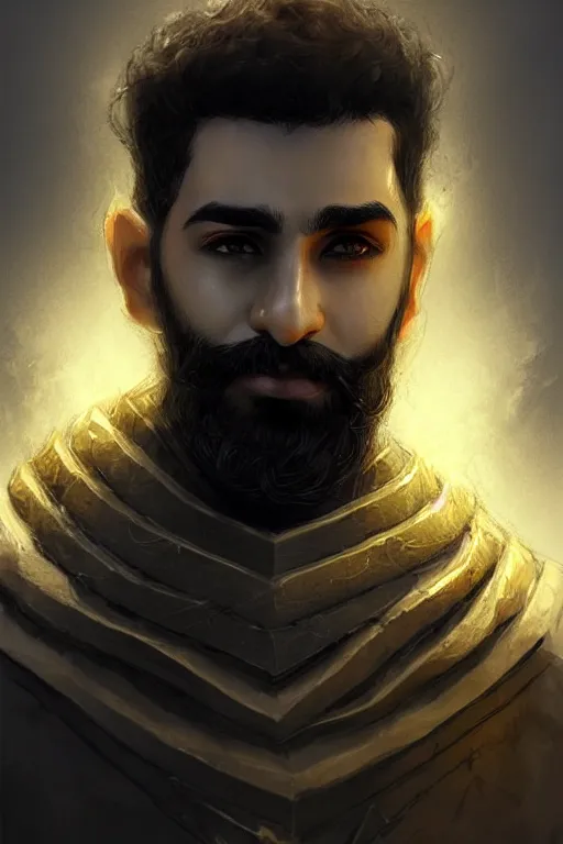 Image similar to Arab man light beard, curly hair, knight, hero, leather armor, yellow and charcoal, character concept art, costume design, black eyes, white horns, trending on artstation, Artgerm , WLOP