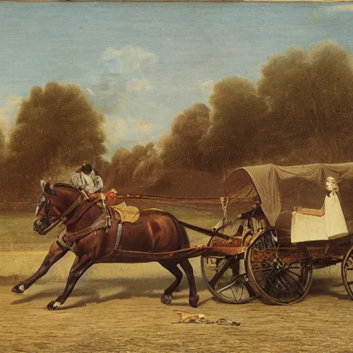 Prompt: a horse pulling a harnessed towed canon