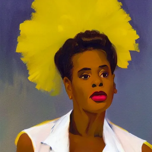 Prompt: african american woman wearing a yellow tutu, portrait artwork by jack vettriano h 6 4 0