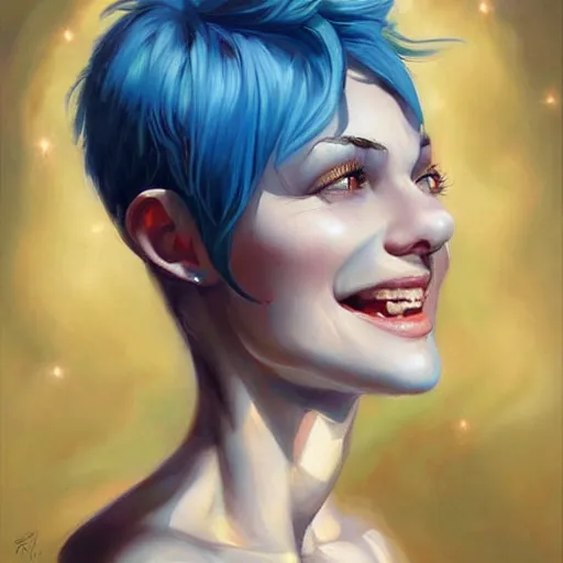 Image similar to a beautiful painting of a smiling woman with stylish short blue hair and sparkling blue eyes representative of the art style of artgerm and wlop and peter mohrbacher