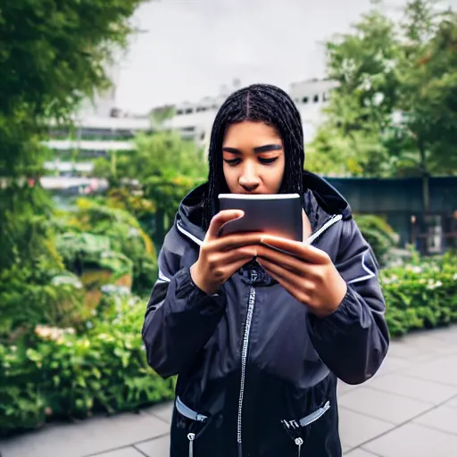 Prompt: candid photographic portrait of a poor techwear mixed young woman using a phone inside a dystopian city, closeup, beautiful garden terraces in the background, sigma 85mm f/1.4, 4k, depth of field, high resolution, 4k, 8k, hd, full color