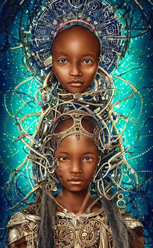 Image similar to beautiful mural of the young cyborg african girl, piercing glowing eyes, elegant, futuristic royal gown, detailed ornaments, striking composition, highly detailed ornate sci fi background, vogue poses, striking composition, highly detailed ornate sci fi background, vivid details, amalgamation of nature and technology, wires, glowing tubes, beautiful composition, mural in the style of sandro botticelli, caravaggio, albrecth durer, 8k