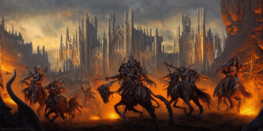 Prompt: highly detailed portrait painting of an ancient elves on hell horses war battle, abbey warhammer battle, old abbey in the background, carhedrals, giant columns, by eddie mendoza and tyler edlin, 8 k resolution