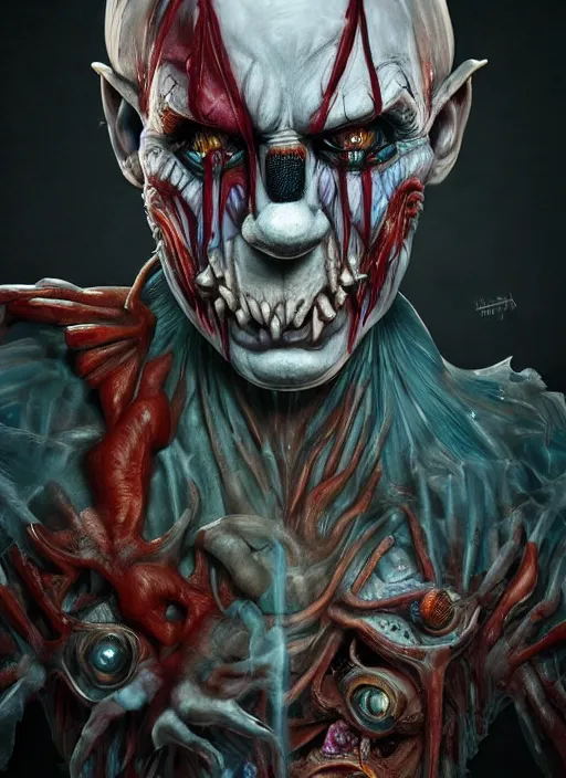 Image similar to evil horror clown, monster anatomy, ross tran, vivid colors, anatomical, highly detailed sculpture, intricate detailed, ommatidia, 8 k, cinematic atmosphere, post - processing