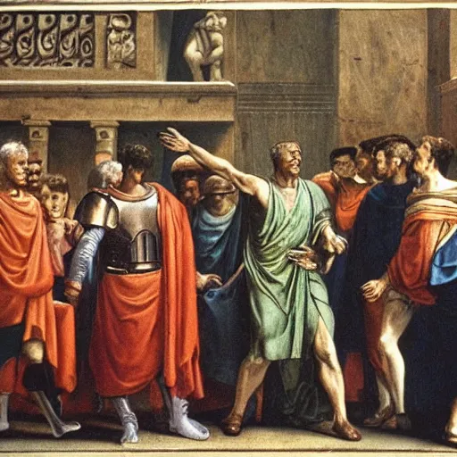 Prompt: a color photograph of the last moments of julius caesar's life, candid photographic snapshot