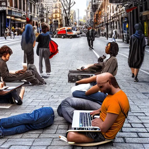 Image similar to a group of realistic bums using laptops near on street, highly detailed, intricate, sharp focus, digital art, 8 k