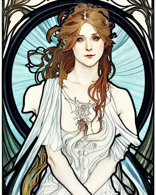 Image similar to in the style of artgerm, arthur rackham, alphonse mucha, evan rachel wood, symmetrical eyes, symmetrical face, flowing white dress