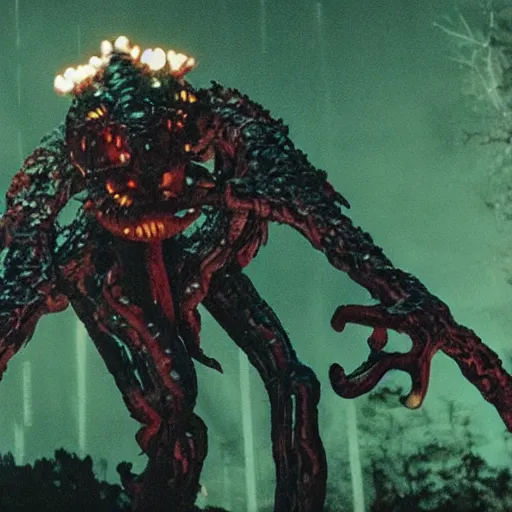 Image similar to footage of a wildcamera showing a demogorgon by night