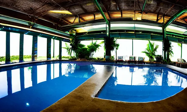 Image similar to indoor pool with ferns and palm trees, pool tubes, chromatic abberation, dramatic lighting, depth of field, Wideangle 80s fisheye photo